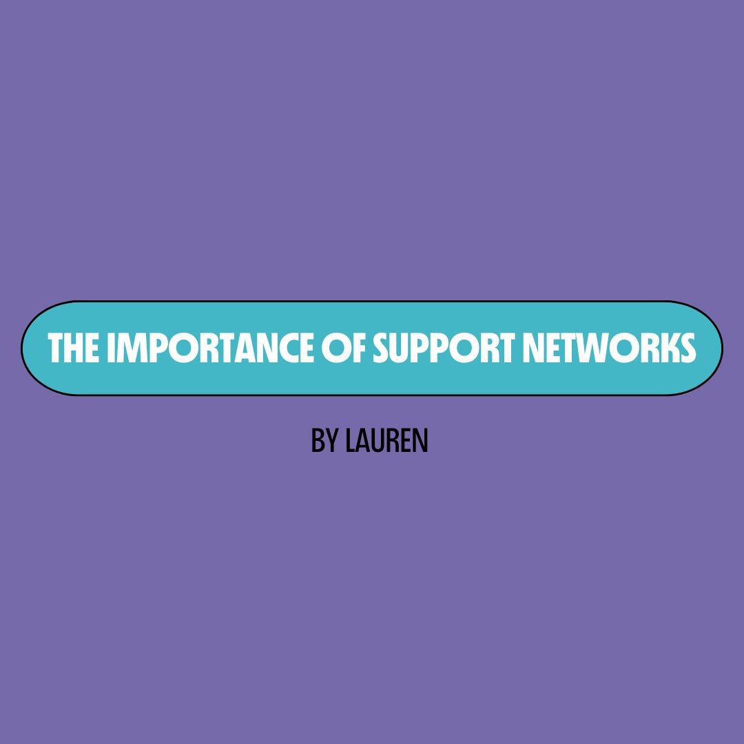 Purple background with a turquoise text box containing white writing that reads: "the importance of support networks." Underneath is black writing that reads: "by Lauren."