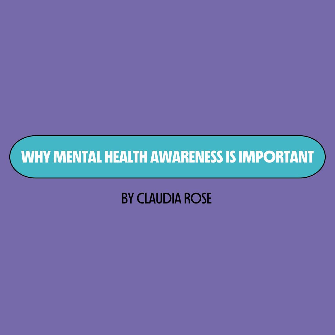 Purple background with a turquoise text box containing white writing that reads: "why mental health awareness is important." Underneath is black writing that reads: "by Claudia Rose."