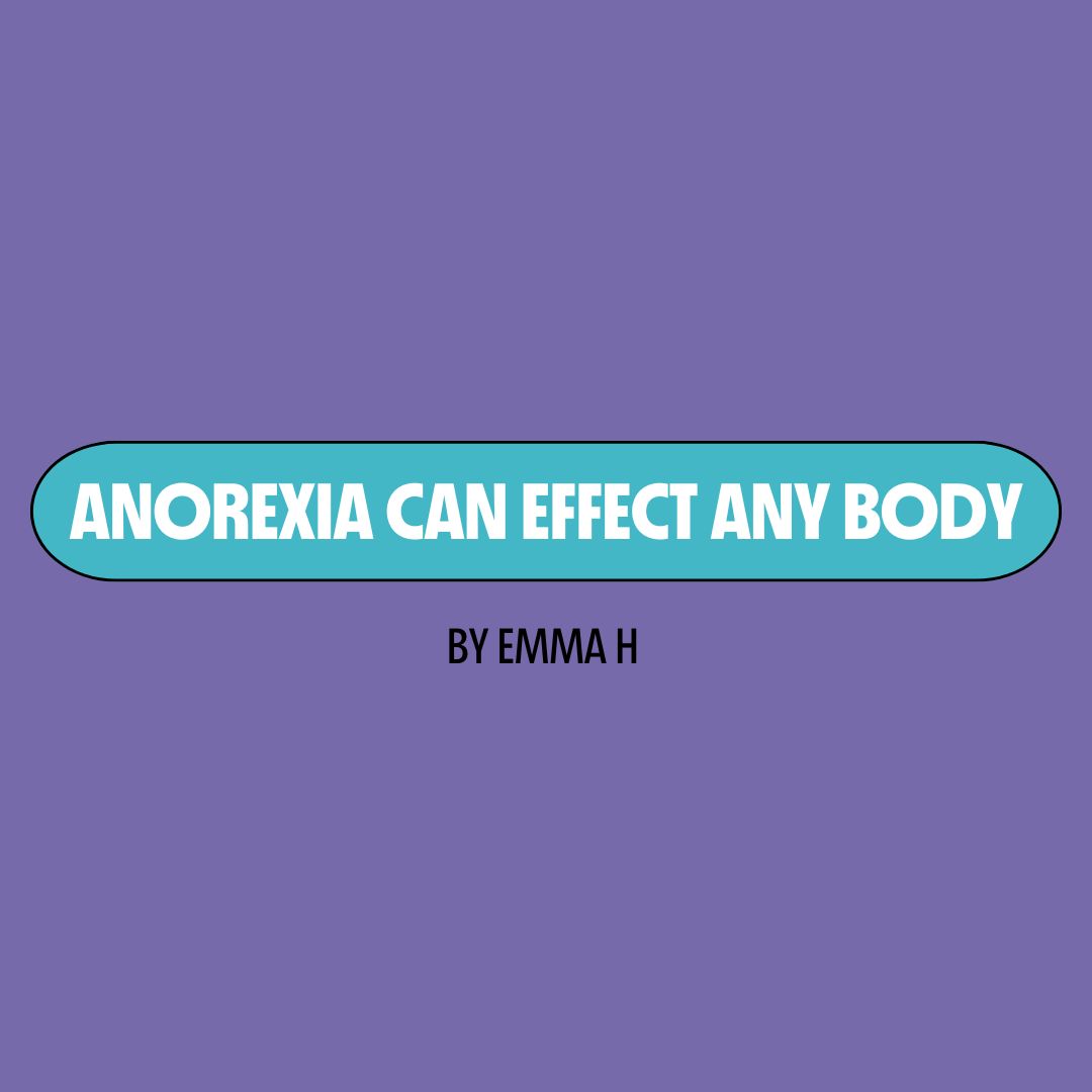 Purple background with a turquoise text box containing white writing that reads: "anorexia can effect any body." Underneath is black writing that reads: "by Emma H."