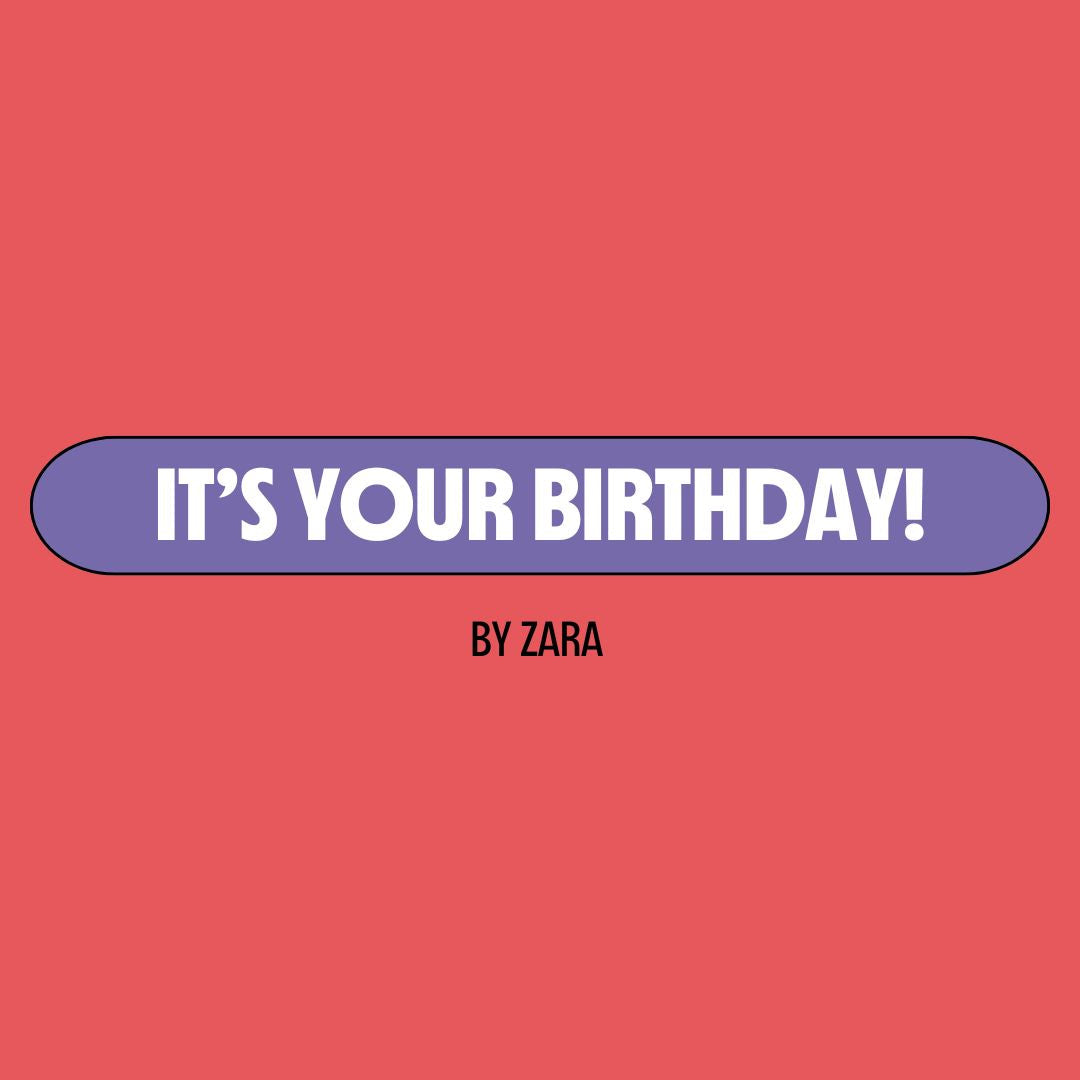Red background with a purple text box containing white writing that reads: "it's your birthday!" Underneath is black writing that reads: "by Zara."