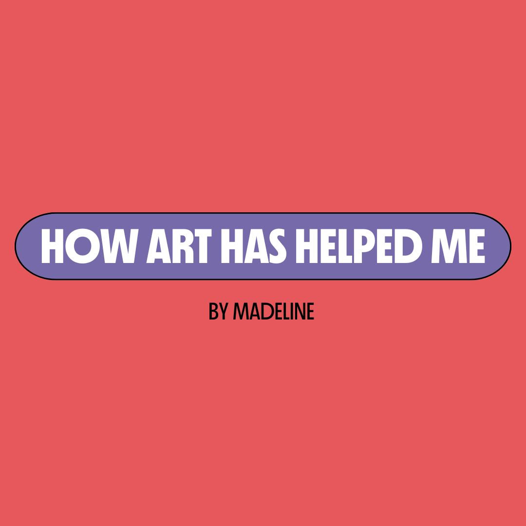 Red background with a purple text box containing white writing that reads: "how are has helped me." Underneath is black writing that reads: "by Madeline."