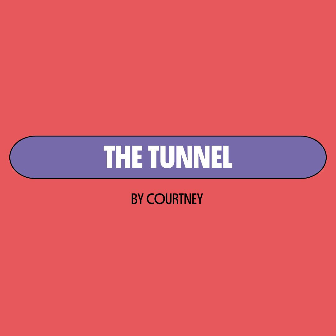Red background with a purple text box containing white writing that reads: "the tunnel." Underneath is black writing that reads: "by Courtney."